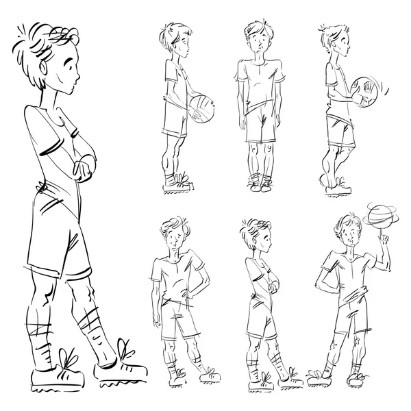 Set di vettoriale full-length disegnato a mano adolescenti caucasici, nero e — Vettoriale Stock