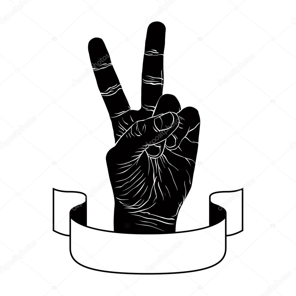 Victory hand sign with ribbon, triumph emblem, detailed black an