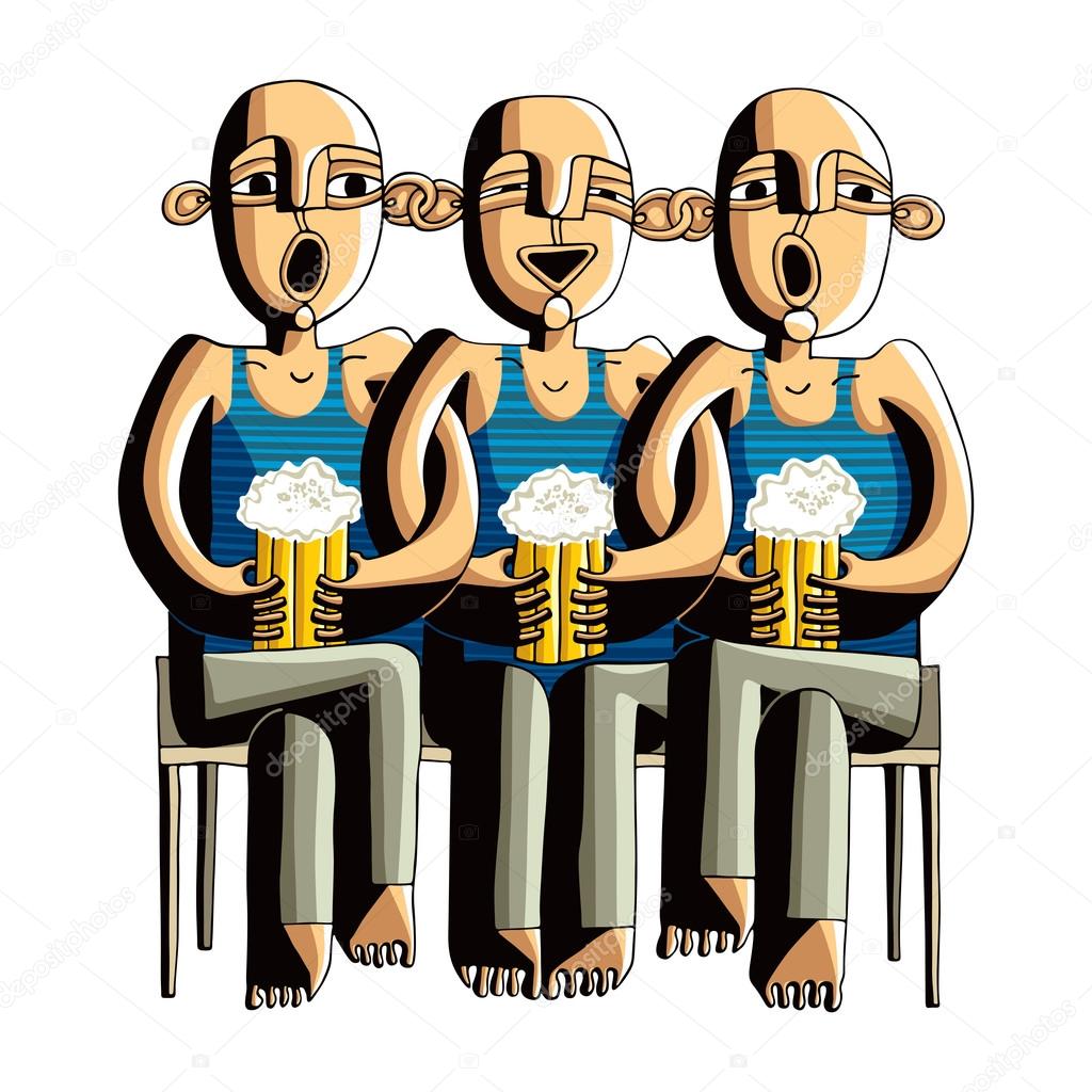 Three drinking hairless men sitting on a wooden bench, singing f