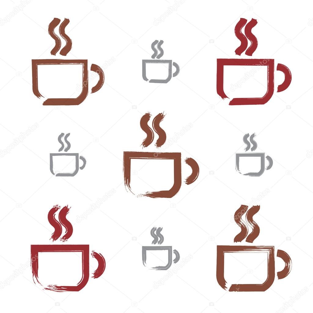 Set of hand-drawn coffee cup icons, brush drawing cafe signs, co
