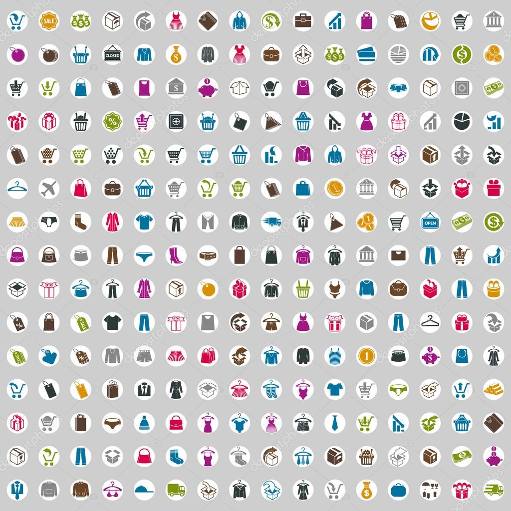 240  shopping icons set, includes money icons, clothes icons, packaging icons, gift box, bags, carts, vector signs collection.
