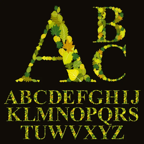 Fonte florale faite avec des feuilles, alphabet naturel lettres ensemble, vect — Image vectorielle