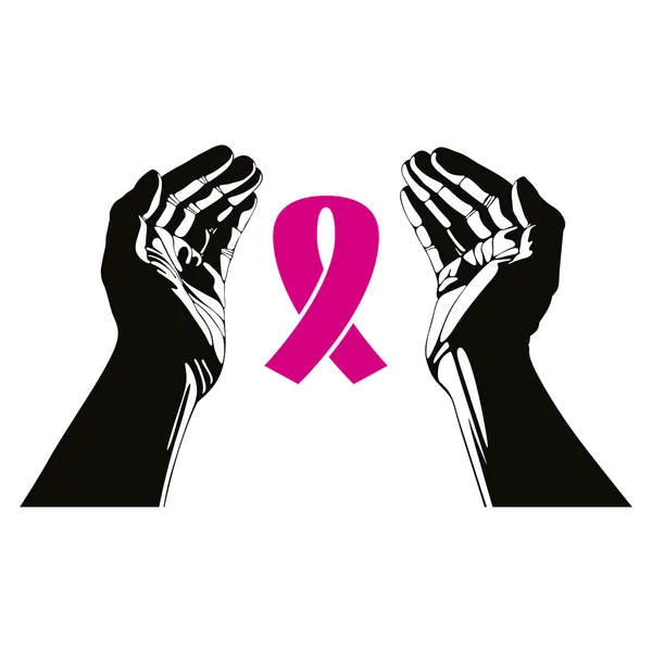 Mains avec le symbole vectoriel de ruban de cancer du sein . — Image vectorielle