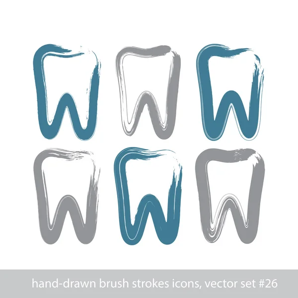 Conjunto de iconos de dientes simples dibujados a mano, dibujo de cepillo de tinta real — Vector de stock