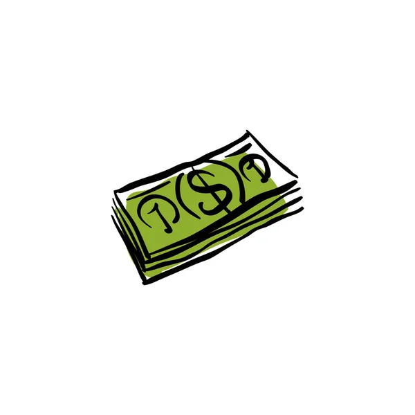 Vector groene geld packet pictogram, met de hand getekende bundel van geld. — Stockvector