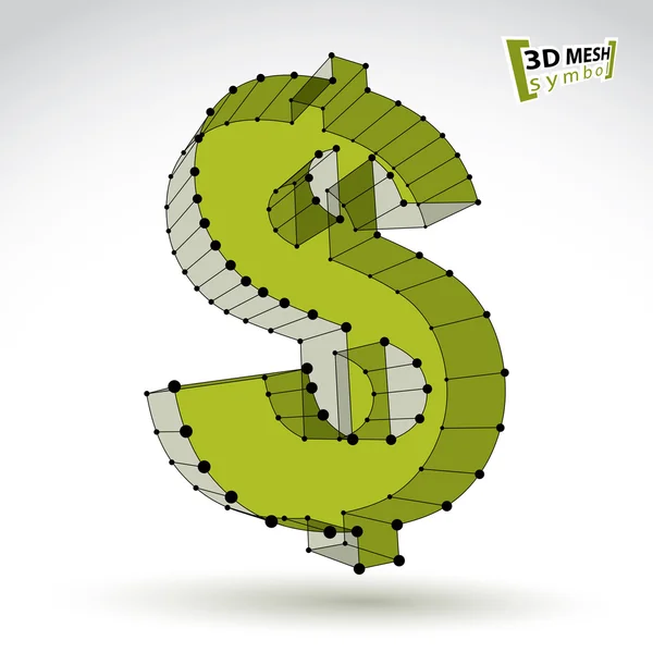 Stylowe siatki 3D web zielony znak dolara na białym tle na biały backgrou — Wektor stockowy