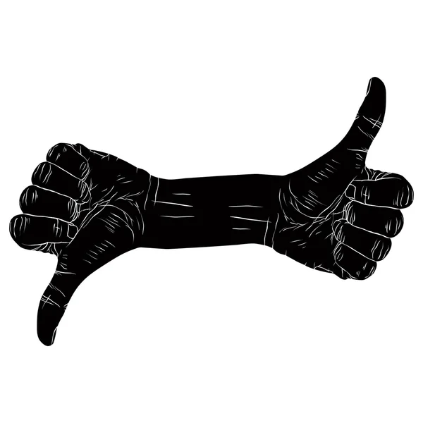 Pulgar hacia arriba signo de la mano con dos manos, vecto detallado en blanco y negro — Vector de stock