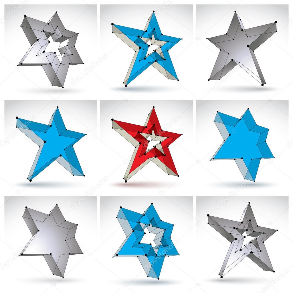 Set of 3d mesh stars isolated on white background, collection of