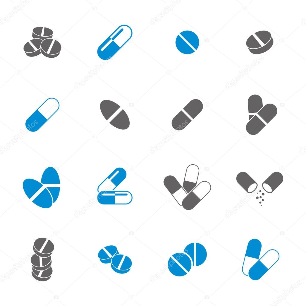 Medical pills icons set, vector collection.