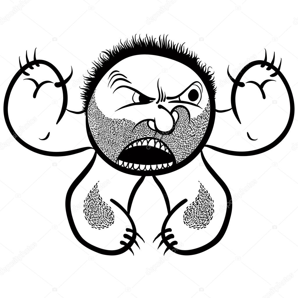 Angry cartoon monster with stubble, black and white lines vector