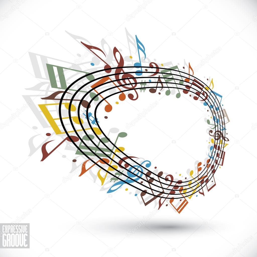 Vector bright expressive rounded stave with musical notes on white background, decorative major musical notation.