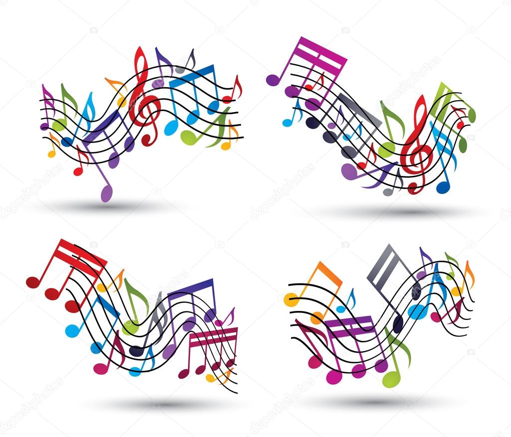 Bright vector jolly staves with musical notes on white background, decorative major wavy set of musical notation symbol.