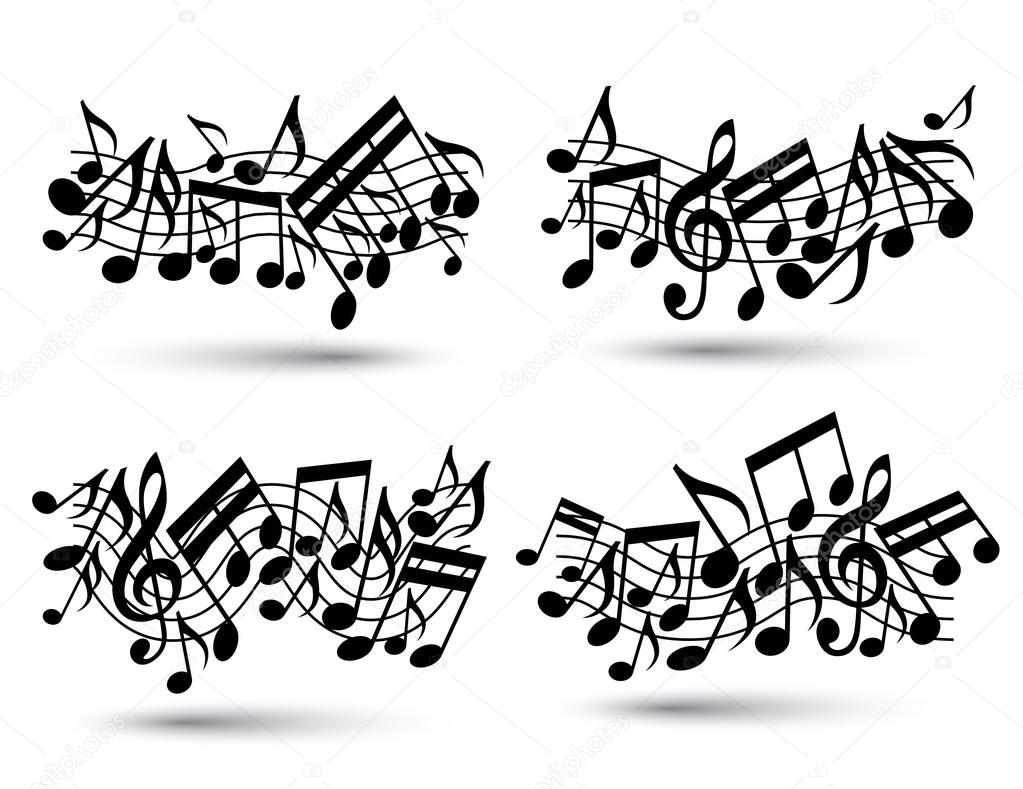 Vector black jolly wavy staves with musical notes on white background, decorative set of musical notation symbols.