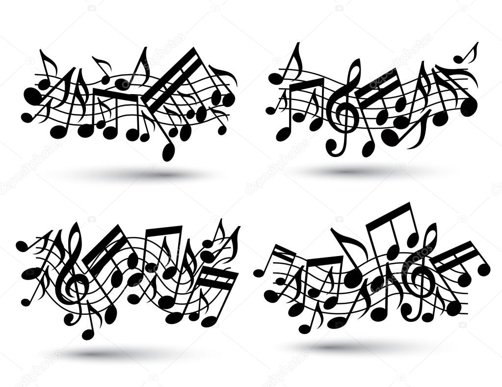 Vector black jolly wavy staves with musical notes on white backg