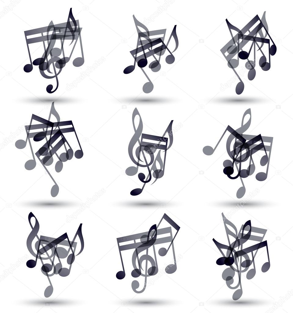 Black musical notes and symbols isolated on white background, vector monochromatic triple musical elements.