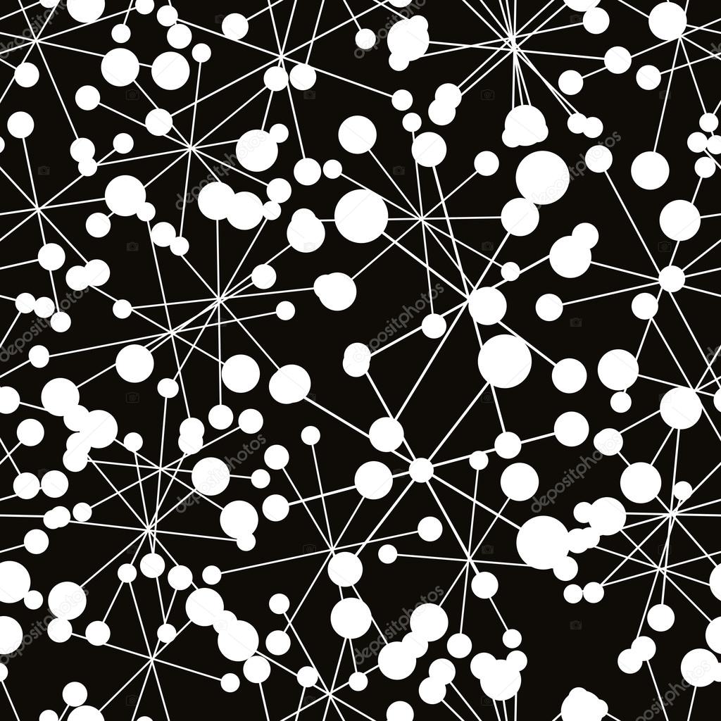 Abstract circles and lines seamless pattern, black and white vector background.