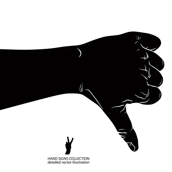 Pulgar hacia abajo signo de la mano, ilustraciones detalladas vector en blanco y negro — Vector de stock