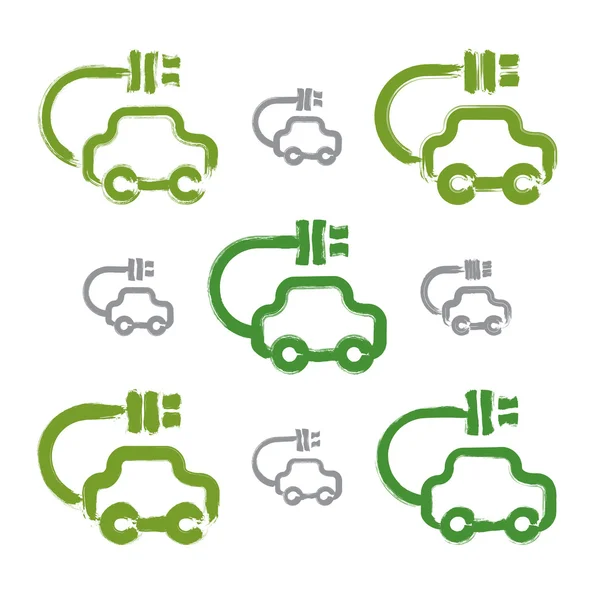 Handgezeichnete grüne Ökomobil-Ikonen, Sammlung von Illustrationen — Stockvektor