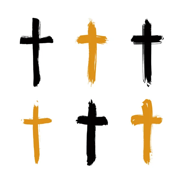 Conjunto de iconos de cruz grunge negro y amarillo dibujados a mano, collectio — Vector de stock
