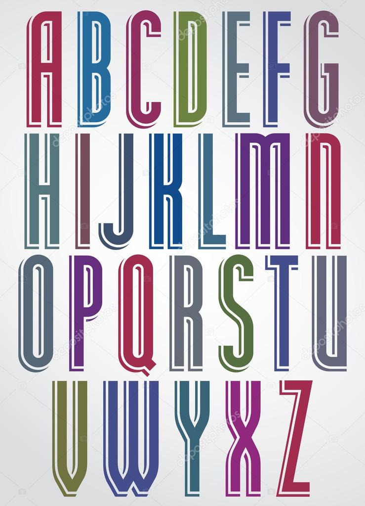 Colorful animated narrow font, comic upper case letters with whi