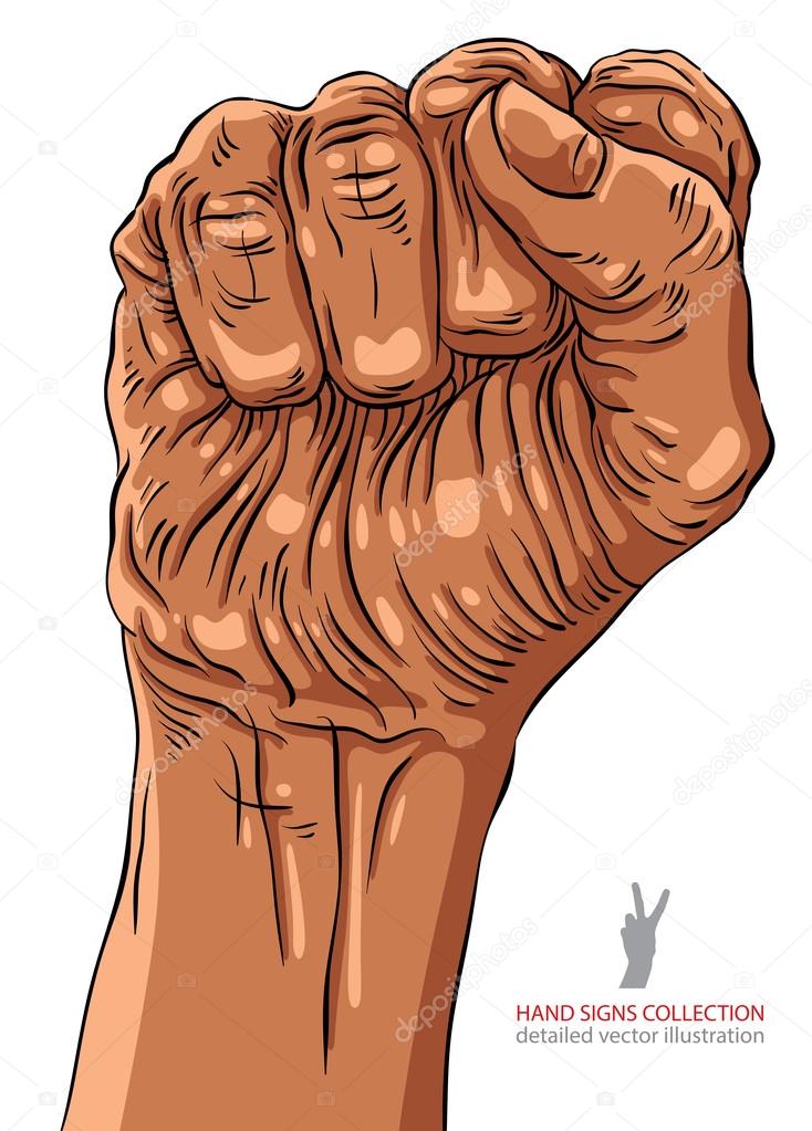 Clenched fist held high in protest hand sign, African ethnicity,