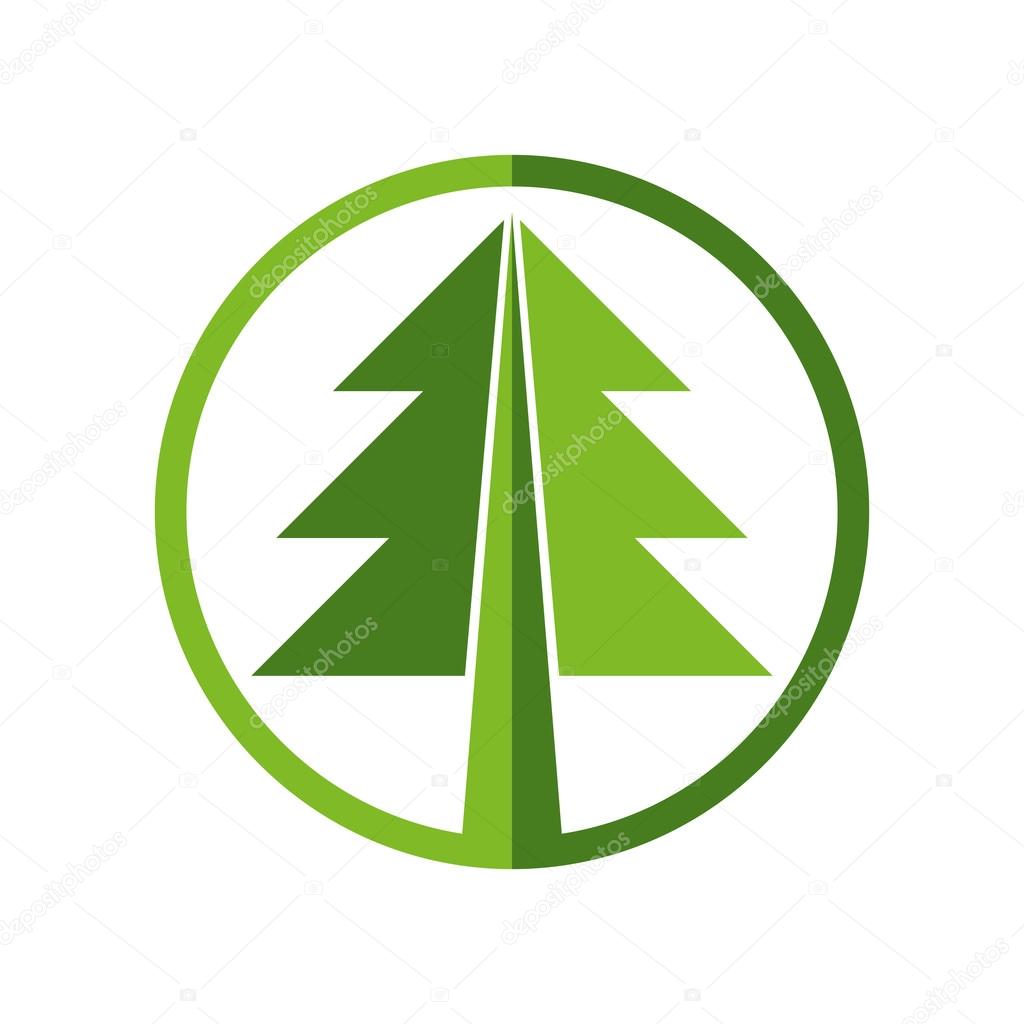 Green round vector Christmas tree icon on white background.