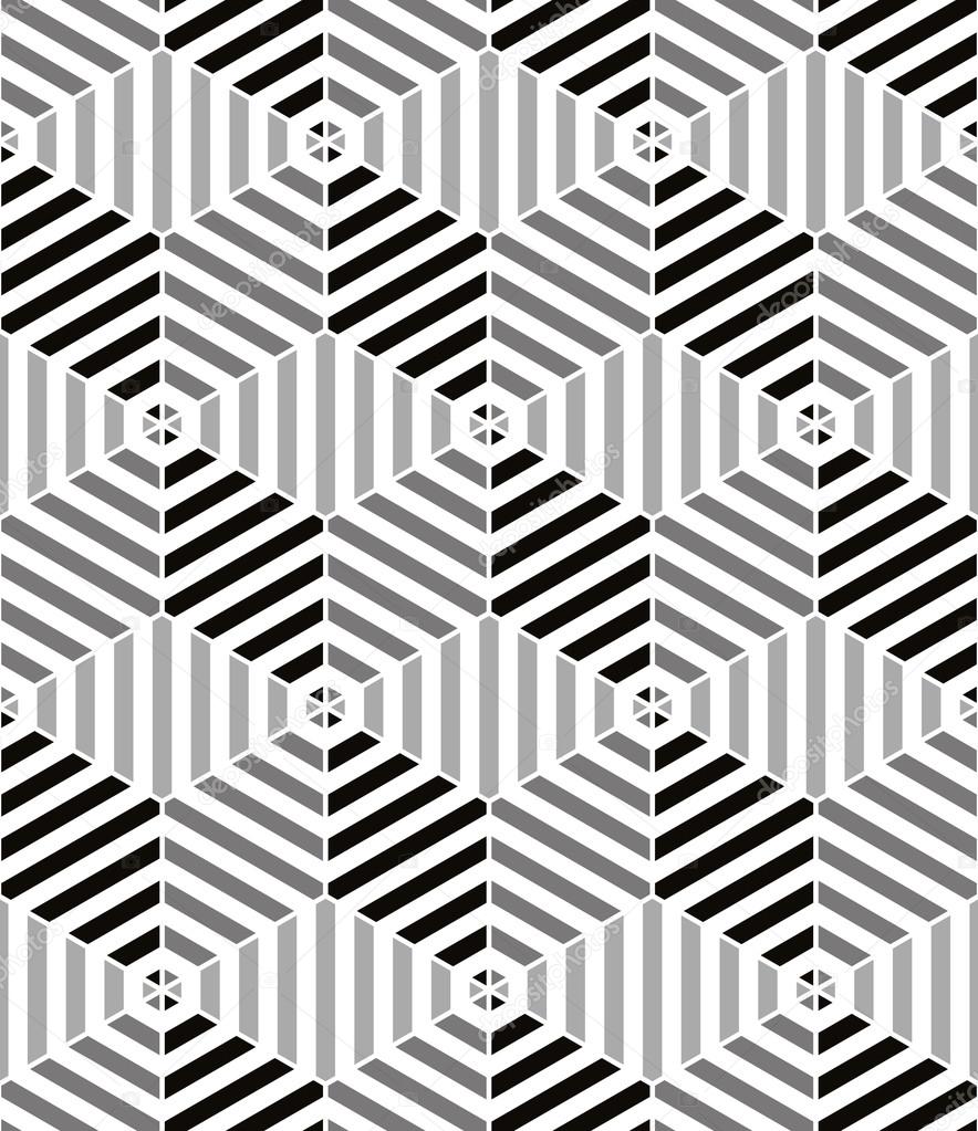 Lined cubes seamless pattern, black and white vector background.