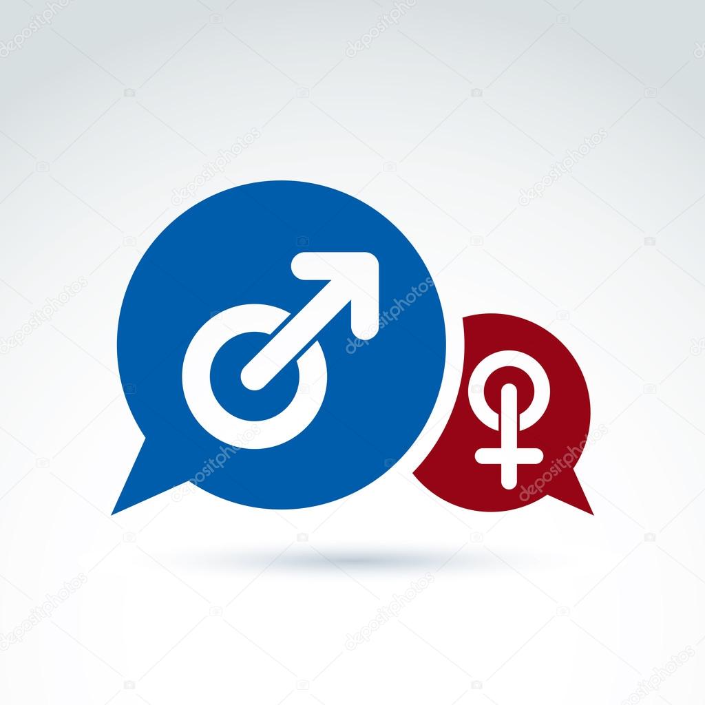 Speech bubbles with blue male and red female signs, gender symbo