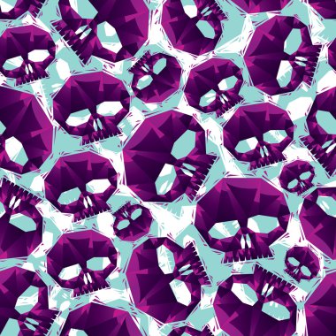 Violet skulls seamless pattern, geometric contemporary style rep