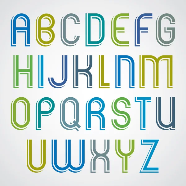 Caricatura colorida fuente delgada, letras redondeadas mayúsculas con whit — Vector de stock