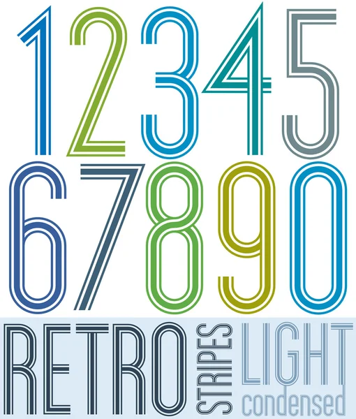 Poster retro light condensed colorful numbers with stripes on wh — Stock Vector