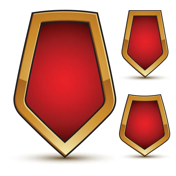 Утончённый вектор три эмблемы в форме красного щита с золотой каймой — стоковый вектор