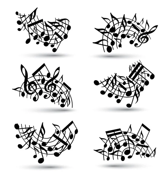 Vector negro jolly pentagramas con notas musicales sobre fondo blanco — Vector de stock