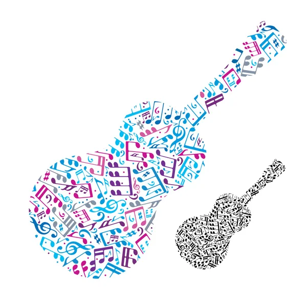 Bright vector acoustic guitar filled with musical notes, decorat — Stock Vector