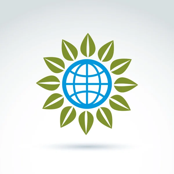 Globe with leaves growing icon, ecological environment theme con — Stock Vector