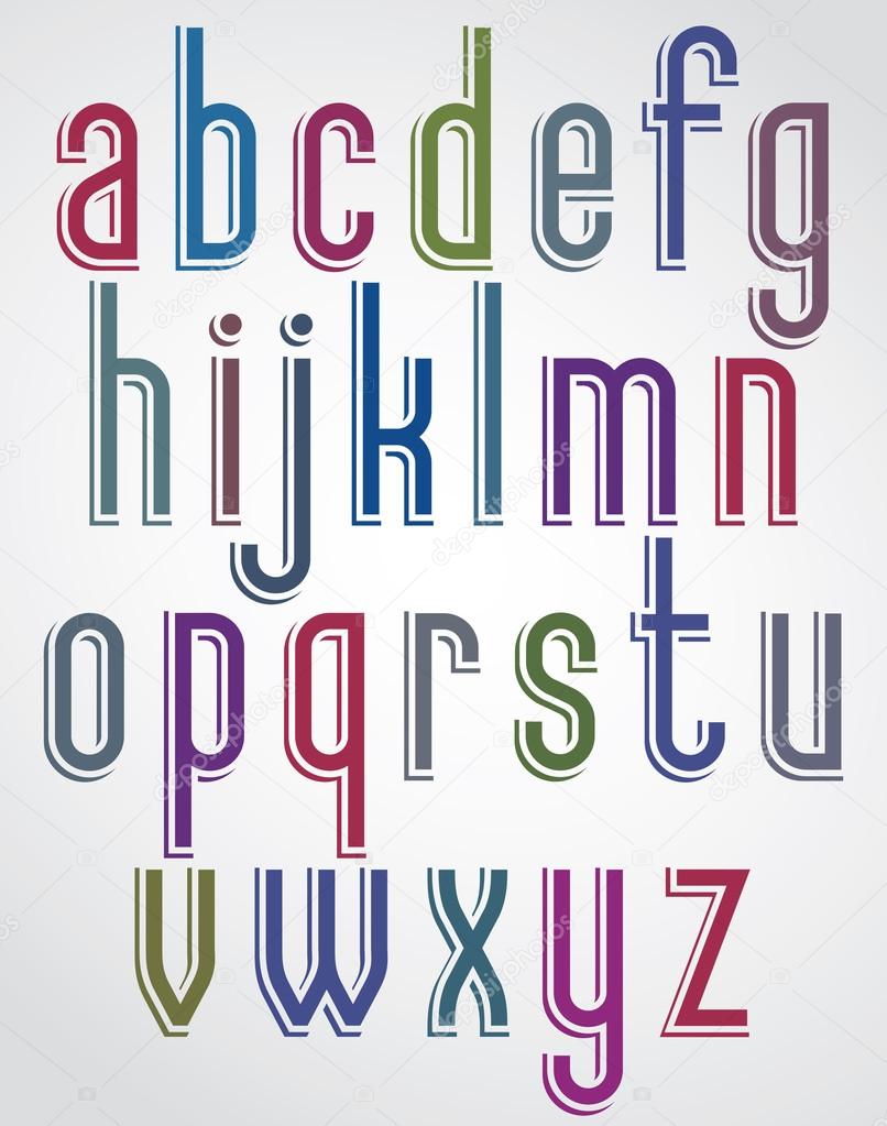 Colorful animated font, comic slim lower case letters with white