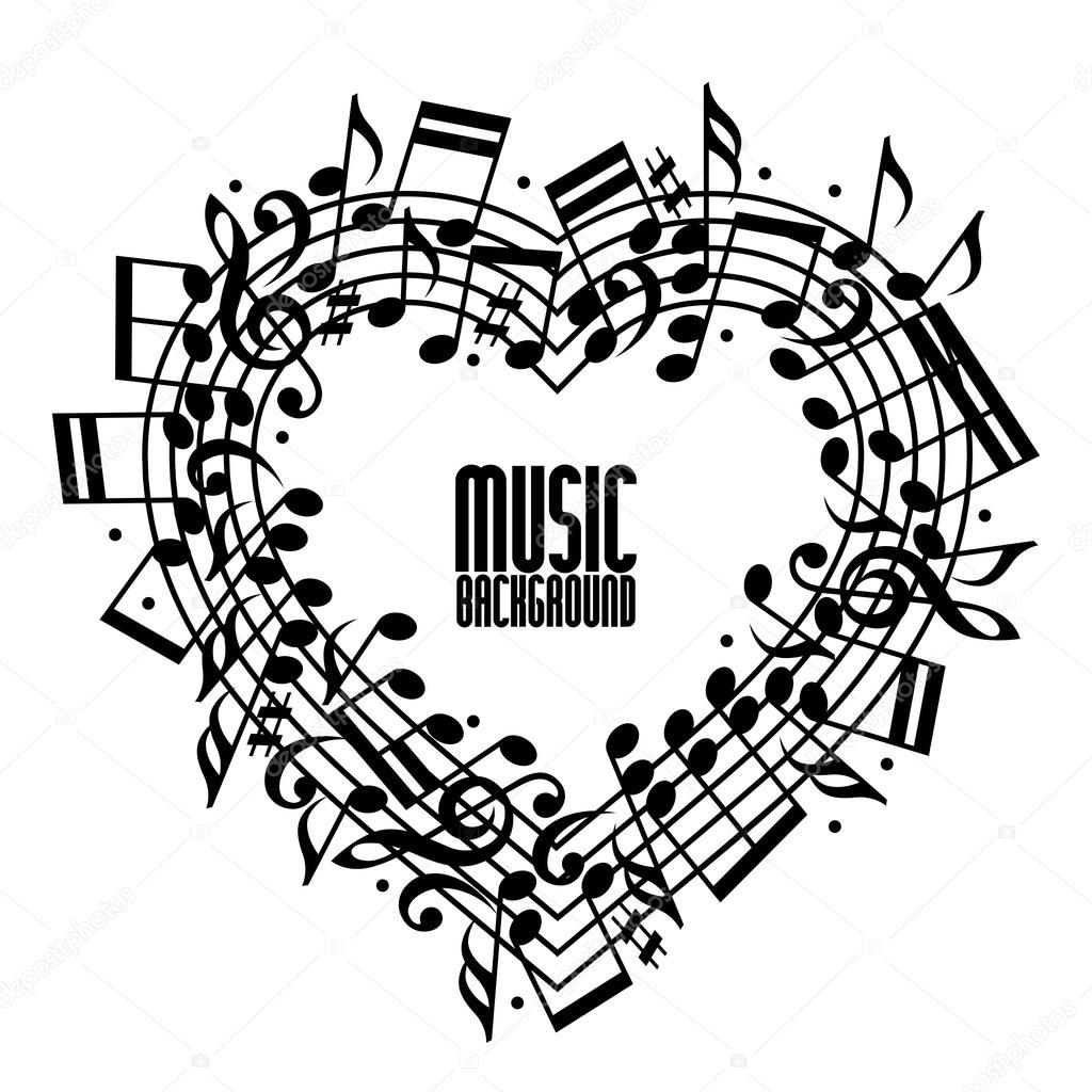 Vector black rounded stave with musical notes on white background, decorative heart shaped musical notation.