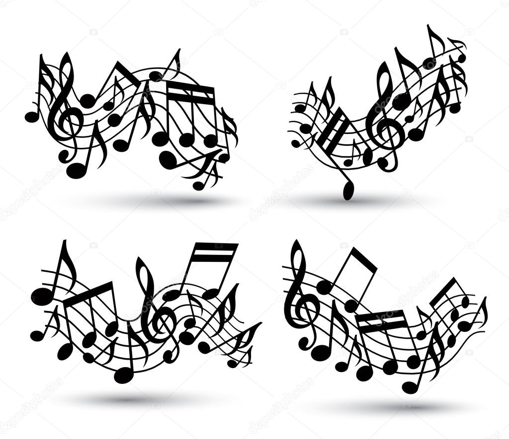 Vector black jolly wavy staves with musical notes on white backg