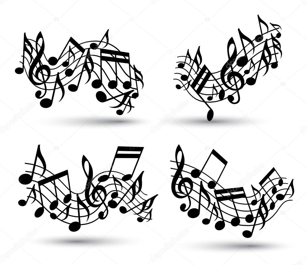 Vector black jolly wavy staves with musical notes on white background, decorative set of musical notation symbols.