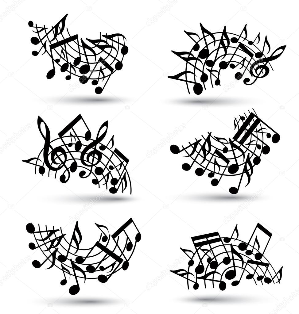 Vector black jolly staves with musical notes on white background