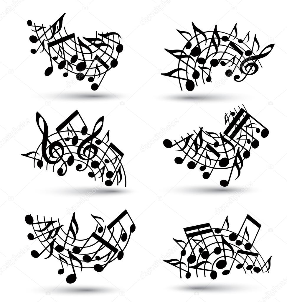 Vector black jolly staves with musical notes on white background, decorative major arched set of musical notation symbols.