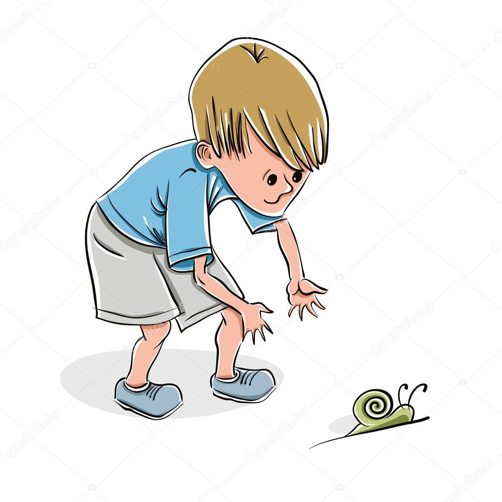Little boy catching a snail.
