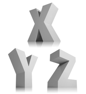 Beyaz arka plan yazı, alfabe harf izole büyük 3d harf x, y, z.