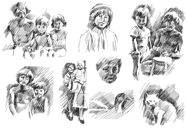 Children with father and mother, pets, brother and sister sketch — Stock Photo, Image