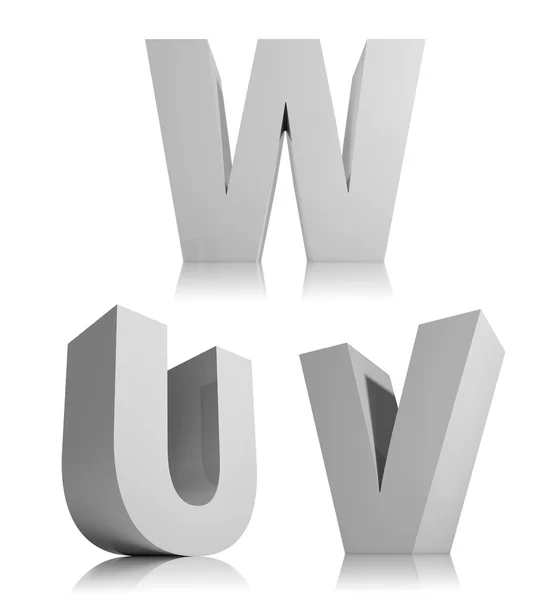 Big 3d letters isolated on white background font, alphabet letter u, v, w. — Stock Photo, Image