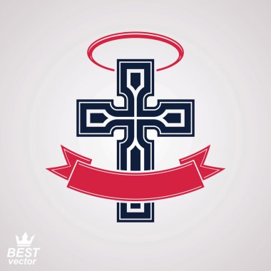 Religious cross emblem with nimbus and decorative ribbon, spirit clipart