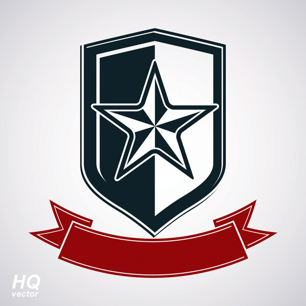 Vector shield with pentagonal Soviet star and decorative curvy r