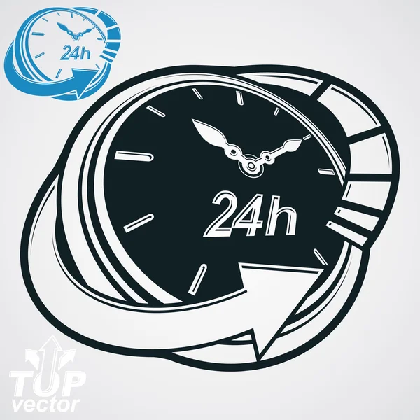 Black and white 3d vector 24 hours timer, around-the-clock picto — Stock Vector