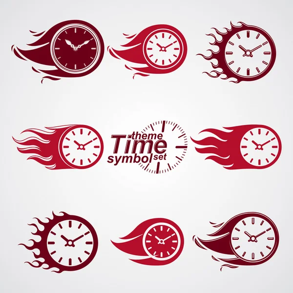 Time is running out concept, vector timers with burning flame. E — Stock Vector