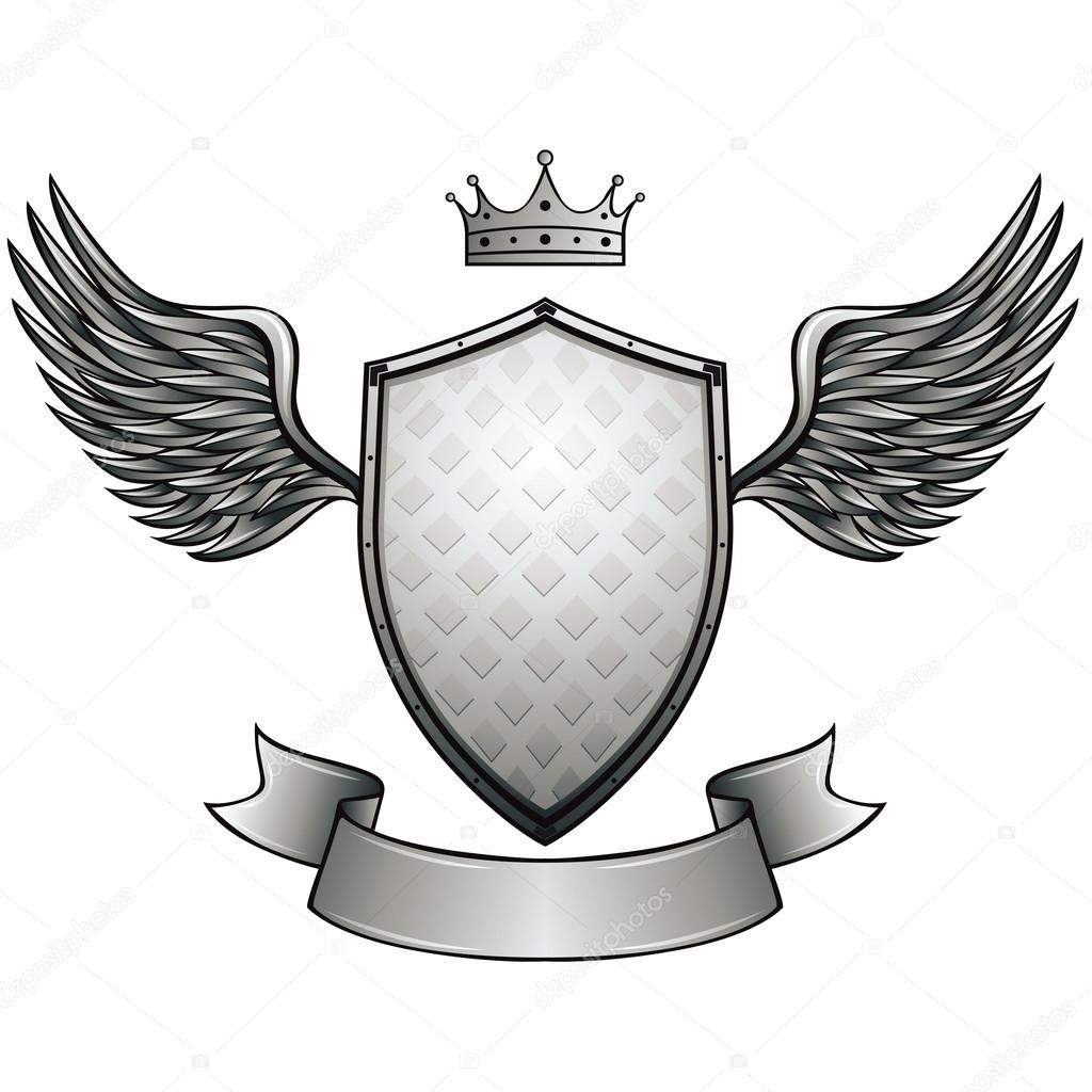 Winged shield with blank ribbon.